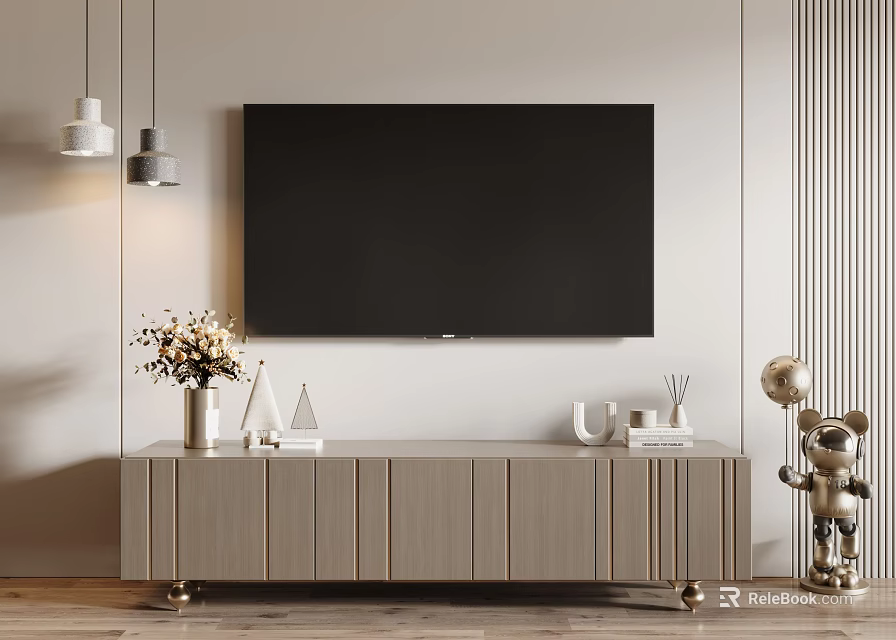 Modern Wooden TV Stand In Living Room With Mounted TV Decorative Vase And Ornaments 3d model 