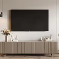 Modern Wooden TV Stand In Living Room With Mounted TV Decorative Vase And Ornaments