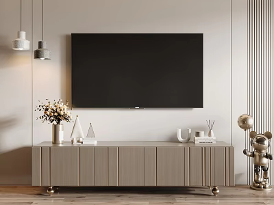 Modern Wooden TV Stand In Living Room With Mounted TV Decorative Vase And Ornaments 3d model