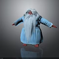 Red Skinned Creature With Long White Beard In Blue Robe Standing On Dark Reflective Surface