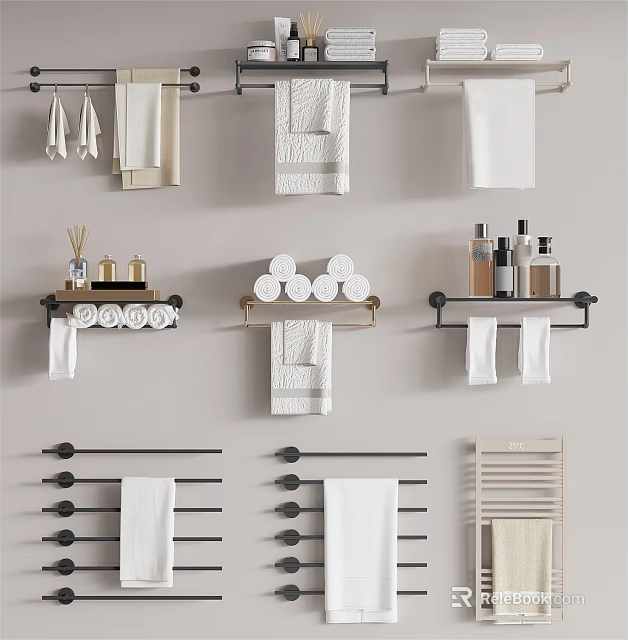 Bathroom Accessories With Towel Racks Towels Toilet Paper Rolls And Bath Product Shelves 3d model 