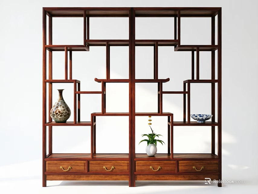Chinese Style Wooden Bookshelf With Multiple Compartments Lower Drawers And Decorative Items 3d model 
