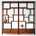 Chinese Style Wooden Bookshelf With Multiple Compartments Lower Drawers And Decorative Items