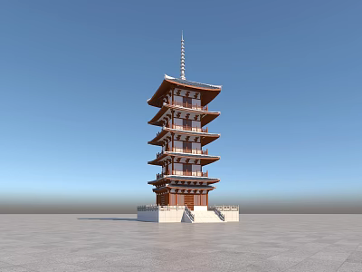 Traditional Multi Tiered Pagoda With Red Overhanging Eaves White Base Against Blue Sky Open Ground 3d model