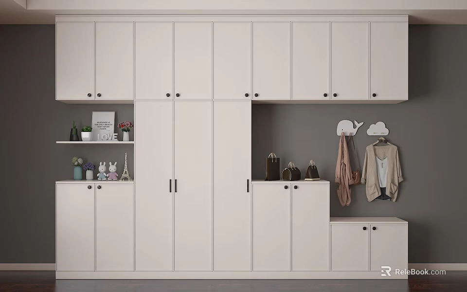 Modern White Wardrobe Interior Design With Multiple Doors Hanging Rods And Shelves 3d model