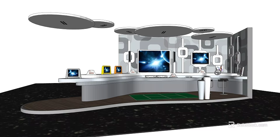 Modern Exhibition Area With Large Main Screen Multiple Displays Circular Ceiling Curved Counter Green Floor 3d model 