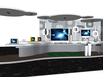 Modern Exhibition Area With Large Main Screen Multiple Displays Circular Ceiling Curved Counter Green Floor 3d model