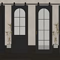 Black Arch Top Sliding Doors With Grid Glass Panels And Frosted Design In Modern Interior