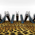 Modern Stairs With Blue Handrails Metal Steps Central White Column And Leopard Print Floor
