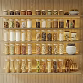 Organized Kitchen Shelves With Various Spice Jars Grains And Ingredients Neatly Arranged On Wooden Background