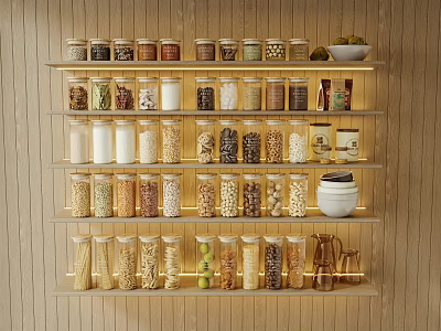 Organized Kitchen Shelves With Various Spice Jars Grains And Ingredients Neatly Arranged On Wooden Background 3d model