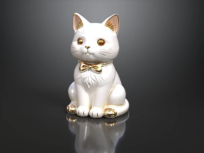 Elegant White Cat Shaped Decorative Ornament Set With Golden Ears Bow Tie And Paws 3d model