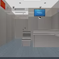 Public Restroom Interior With Multiple Stalls Blue Walls And Gray Doors