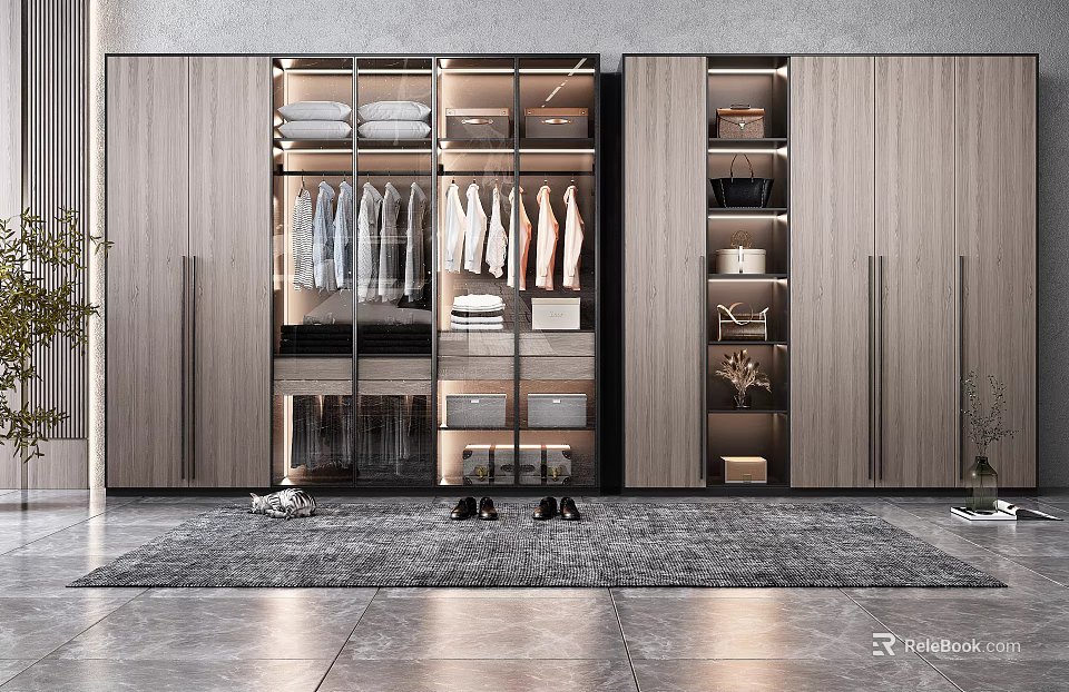 Modern Wardrobe With Wooden Panel Glass Door Hanging Clothes Folded Garments Storage Boxes And Shoes 3d model 