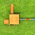 Wooden Playground Equipment Featuring Playhouse Slide And Three Seat Swings On Green Grass