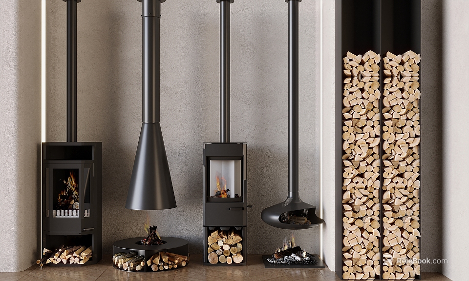 Various Black Fireplace Designs With Free Standing Styles And Stacked Wood Logs 3d model 