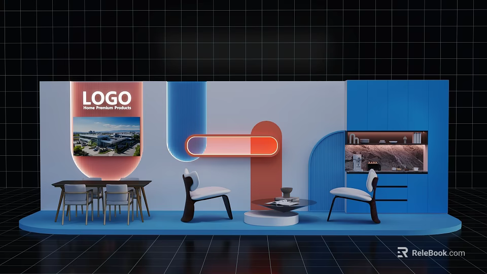 Interactive Area With Blue Orange Wall Design Modern Chairs Coffee Table Logo Display Screen 3d model