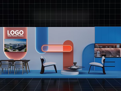 Interactive Area With Blue Orange Wall Design Modern Chairs Coffee Table Logo Display Screen 3d model