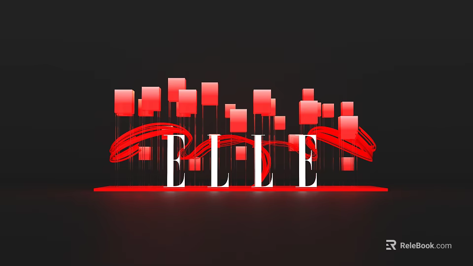 ELLE Themed Photo Check In Spot With Red Geometric Blocks And Ribbons On Black Background 3d model 