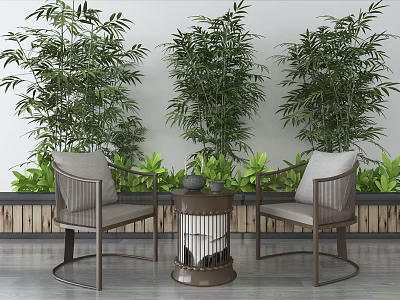 Stylish Leisure Chairs With Round Side Table And Lush Green Plants On Gray Floor 3d model