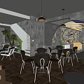 Modern Café Interior Design With Round Tables Comfortable Chairs Hanging Lights And Green Plants