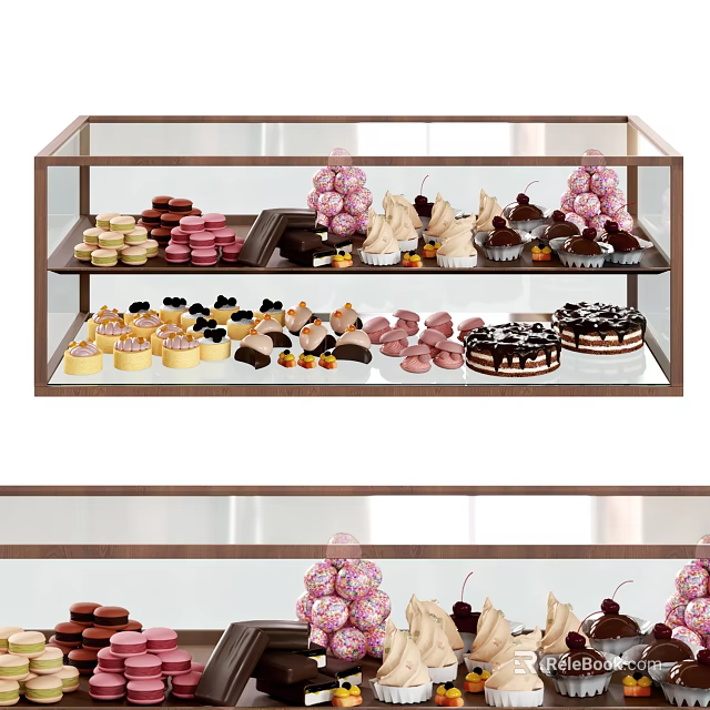 Assorted Delicious Desserts in Glass Display Case Featuring Macarons Cupcakes and Cakes 3d model 
