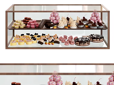 Assorted Delicious Desserts in Glass Display Case Featuring Macarons Cupcakes and Cakes 3d model