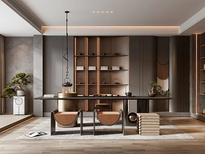 Modern Tea Room Interior Design With Wooden Table Tea Sets Shelves Green Plants And Hanging Lights 3d model