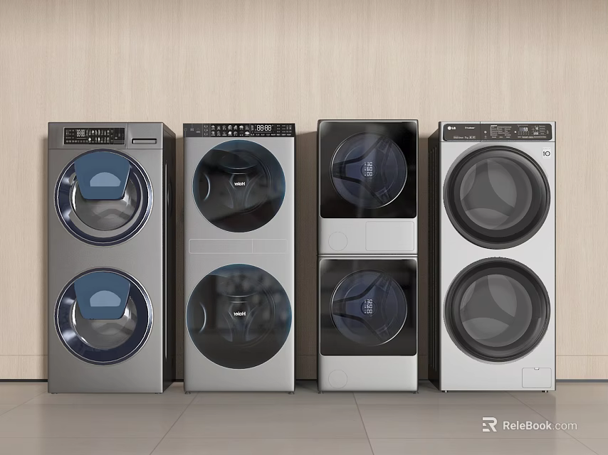 Four Modern Front Load Washing Machines in Silver and White Side by Side Design 3d model 