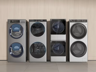 Four Modern Front Load Washing Machines in Silver and White Side by Side Design 3d model