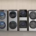 Four Modern Front Load Washing Machines in Silver and White Side by Side Design