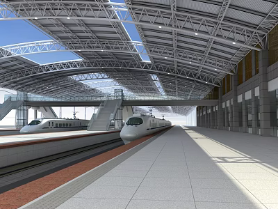 Modern Railway Station Platform With High Speed Trains And Steel Roof Structure 3d model