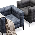 Blue Single Sofa With Beige Fringed Throw Blanket And Black Legs