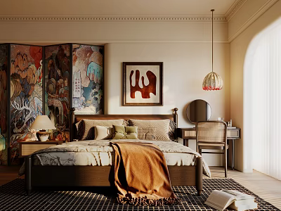 Cozy Bedroom Interior Featuring Bed Framed Art Decorative Screen And Pendant Light 3d model