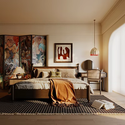 Cozy Bedroom Interior Featuring Bed Framed Art Decorative Screen And Pendant Light 3d model