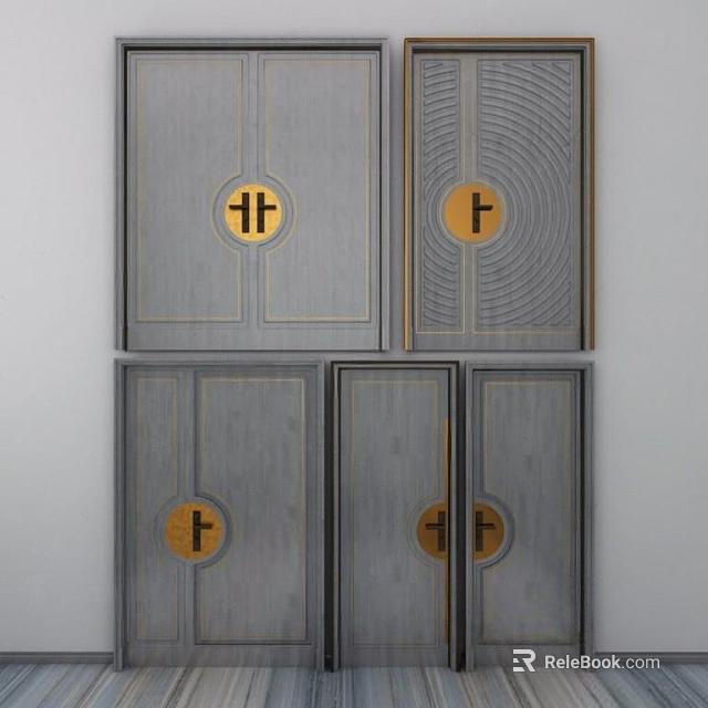 Gray Double Doors With Gold Decorative Elements And Modern Geometric Patterns 3d model 