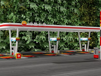 PetroChina Gas Station With Red Roof Fuel Pumps Ground Markings And Green Vegetation 3d model