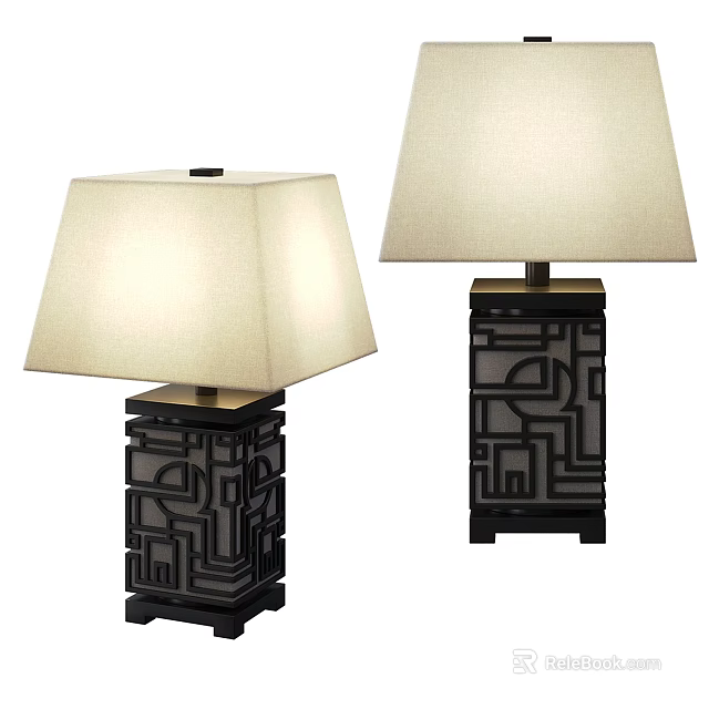 Two Modern Chinese Style Table Lamps With Square Base And Geometric Patterns 3d model