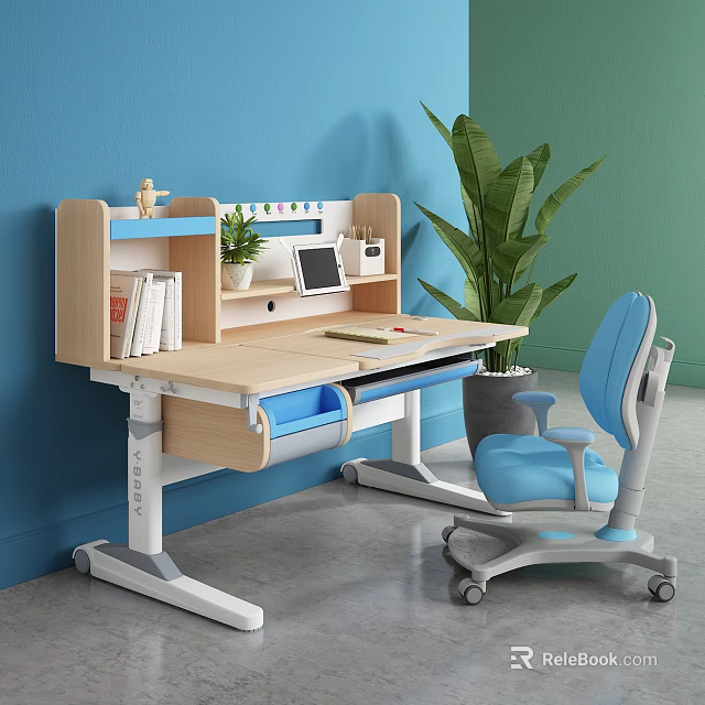 Ergonomic Kids Study Desk with Adjustable Height Blue Chair Against Blue Wall and Green Plant 3d model 