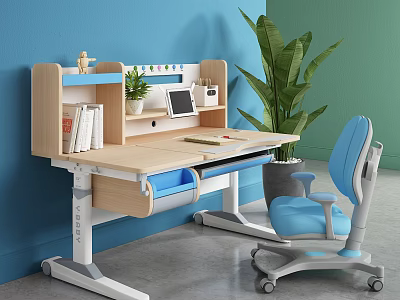 Ergonomic Kids Study Desk with Adjustable Height Blue Chair Against Blue Wall and Green Plant 3d model