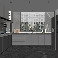 Modern Kitchen Interior Design With Gray Cabinets Marble Countertop Window Blinds And Refrigerator 3d model
