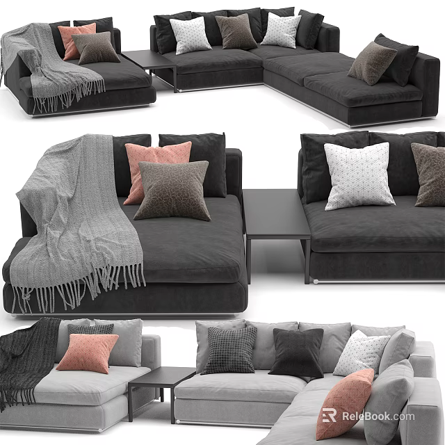 Cozy Modern Sectional Sofa With Assorted Color Pillows Soft Throw Blanket And Side Table 3d model
