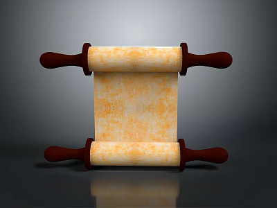 Ancient Scroll with Animal Themed Textured Paper and Brown Wooden Handles 3d model