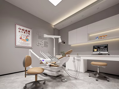 Modern Dental Clinic Interior With Dental Chair Workstation Cabinets And Poster 3d model