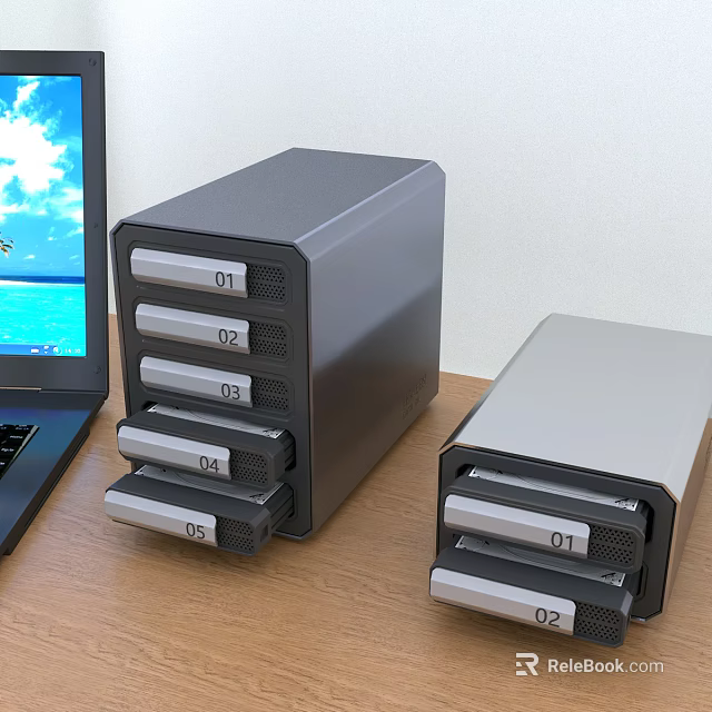 Modern Computer External Storage Units With Multiple Disk Drawers And Monitor On Wooden Desk 3d model 