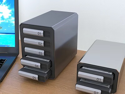 Modern Computer External Storage Units With Multiple Disk Drawers And Monitor On Wooden Desk 3d model