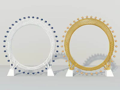 Interactive Circular Playground Equipment with White Gold Frames and Blue Beige Balls on Sturdy Bases 3d model