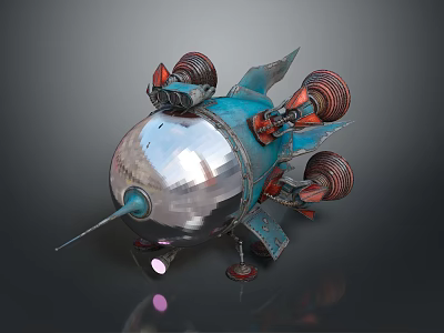 Cosmic Exploration Spaceship Featuring Silver Spherical Body Blue Sections And Red Engines 3d model