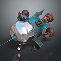 Cosmic Exploration Spaceship Featuring Silver Spherical Body Blue Sections And Red Engines
