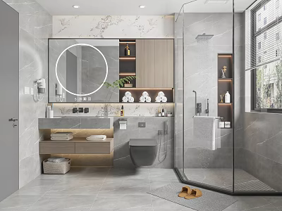 Modern Bathroom Interior With Marble Walls Round Mirror Double Sink Vanity And Glass Shower Enclosure 3d model